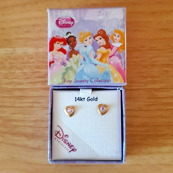 14k Gold heart earrings with pink rhinestones - Picture 2 of 3